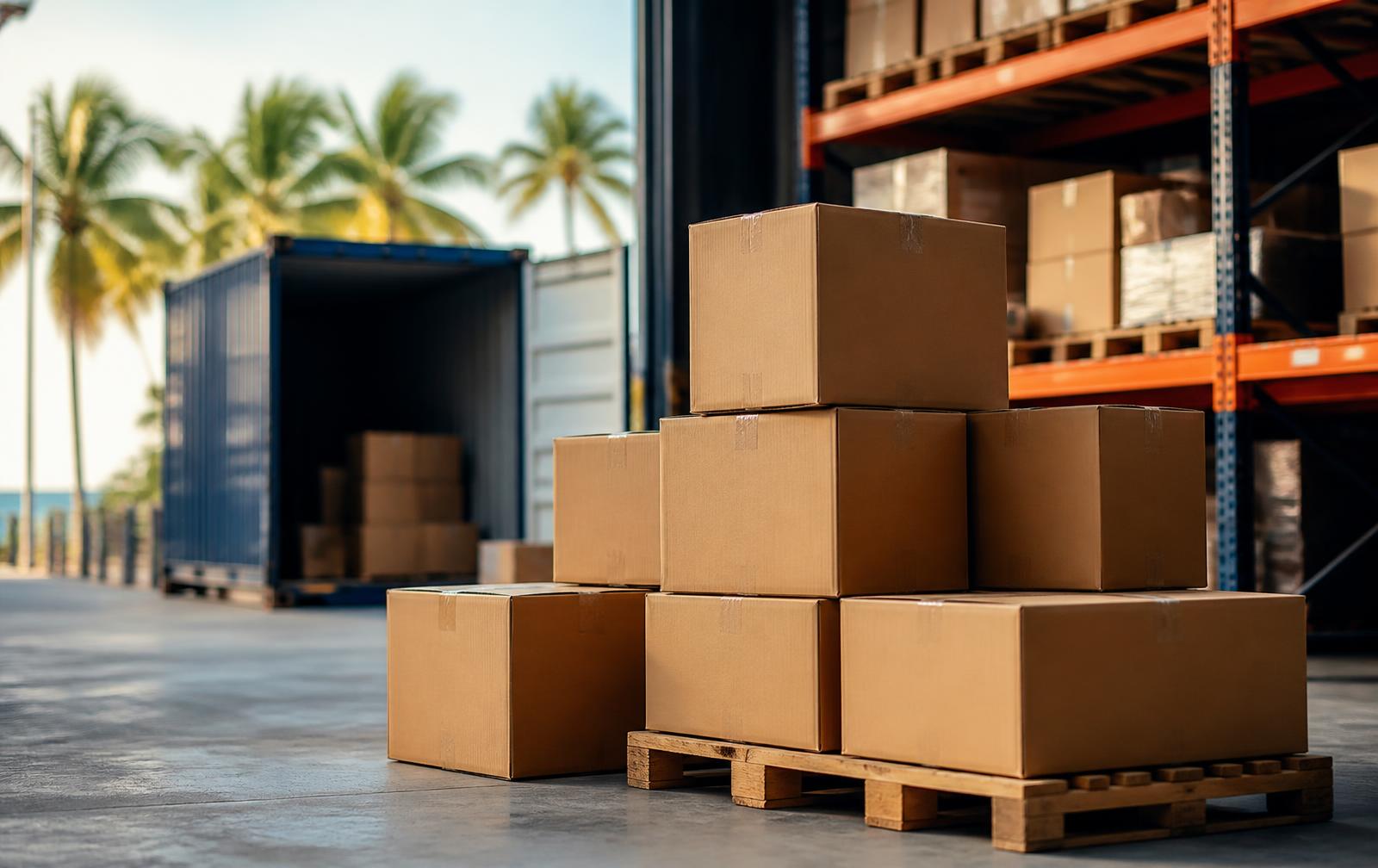 Consolidated cartons on a pallet being loaded for the Fort Lauderdale → Barbados route